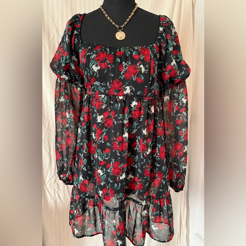Francesca's Collections Black Dress with Red Rose Floral Print